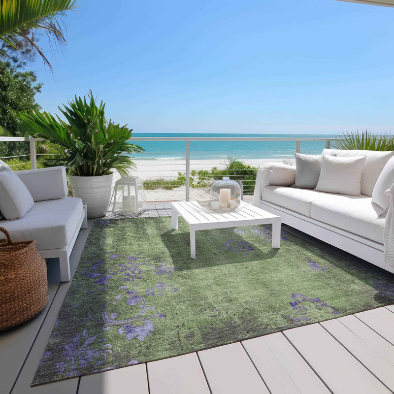 10' X 14' Artichoke Green And Purple Floral Washable Indoor Outdoor Area Rug