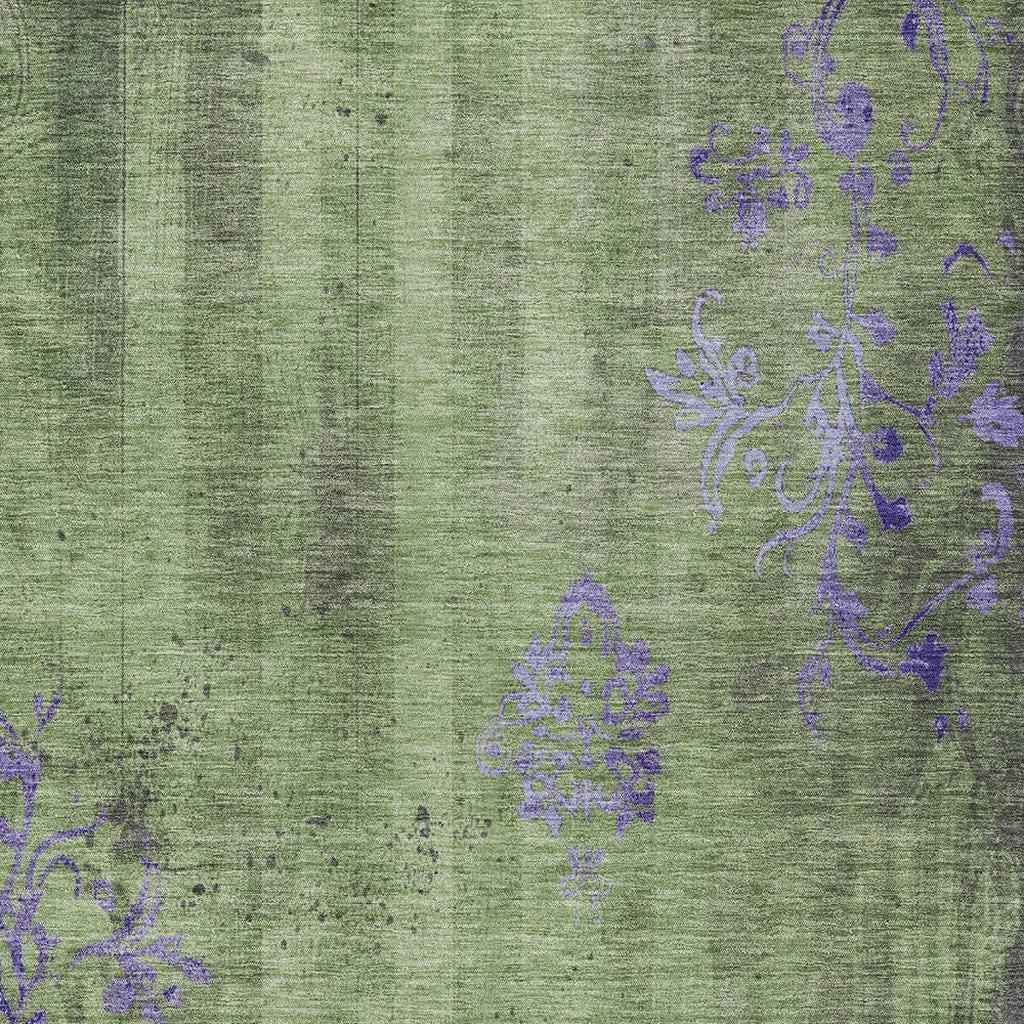 10' X 14' Artichoke Green And Purple Floral Washable Indoor Outdoor Area Rug