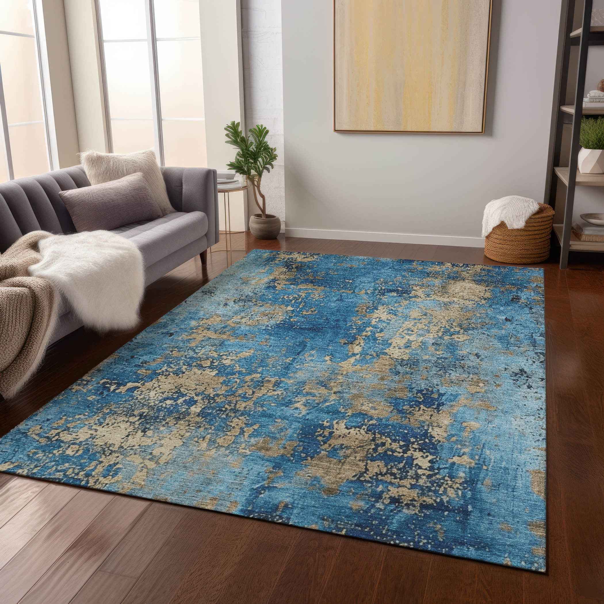 8' X 10' Blue And Beige Abstract Washable Indoor Outdoor Area Rug