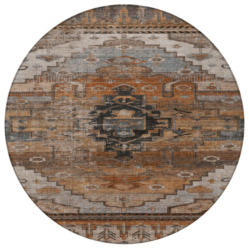 8' Terra Cotta Rust And Gray Round Tribal Washable Indoor Outdoor Area Rug