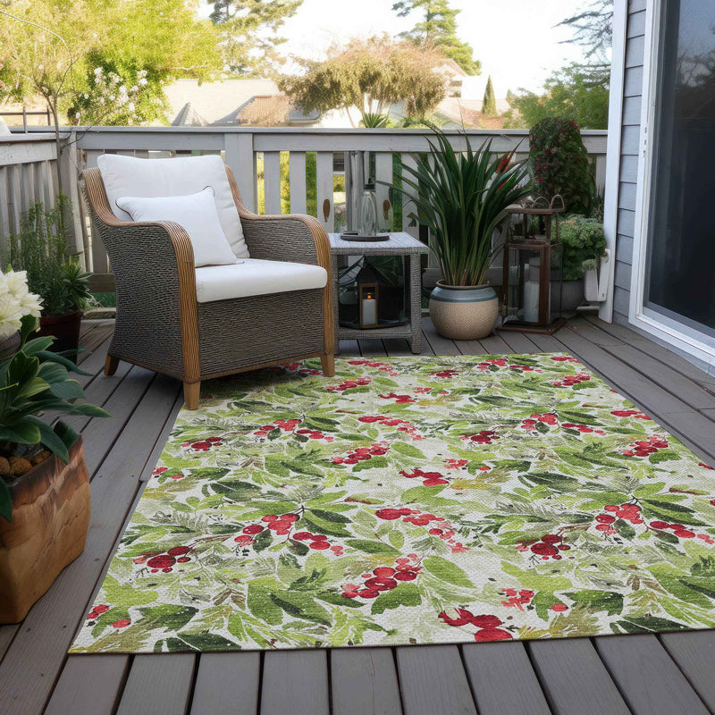 5' X 8' Artichoke Green Burgundy And Ivory Botanical Leaves Washable Indoor Outdoor Area Rug