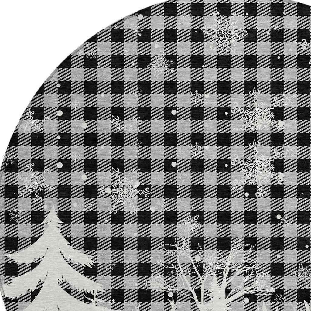 8' Gray Black And Ivory Round Plaid Washable Indoor Outdoor Area Rug