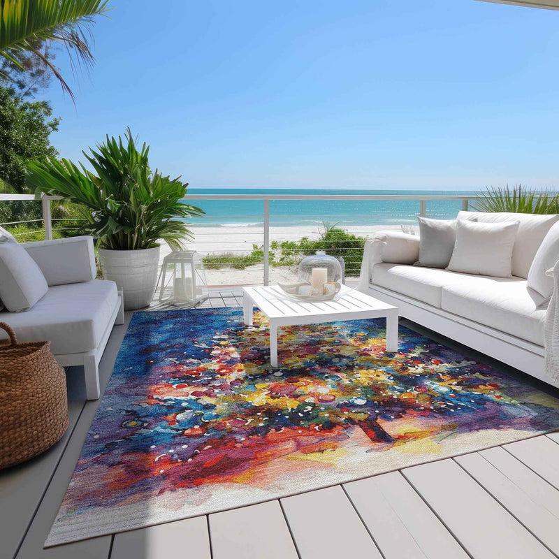 9' X 12' Navy Blue Gold Red And Purple Abstract Washable Indoor Outdoor Area Rug