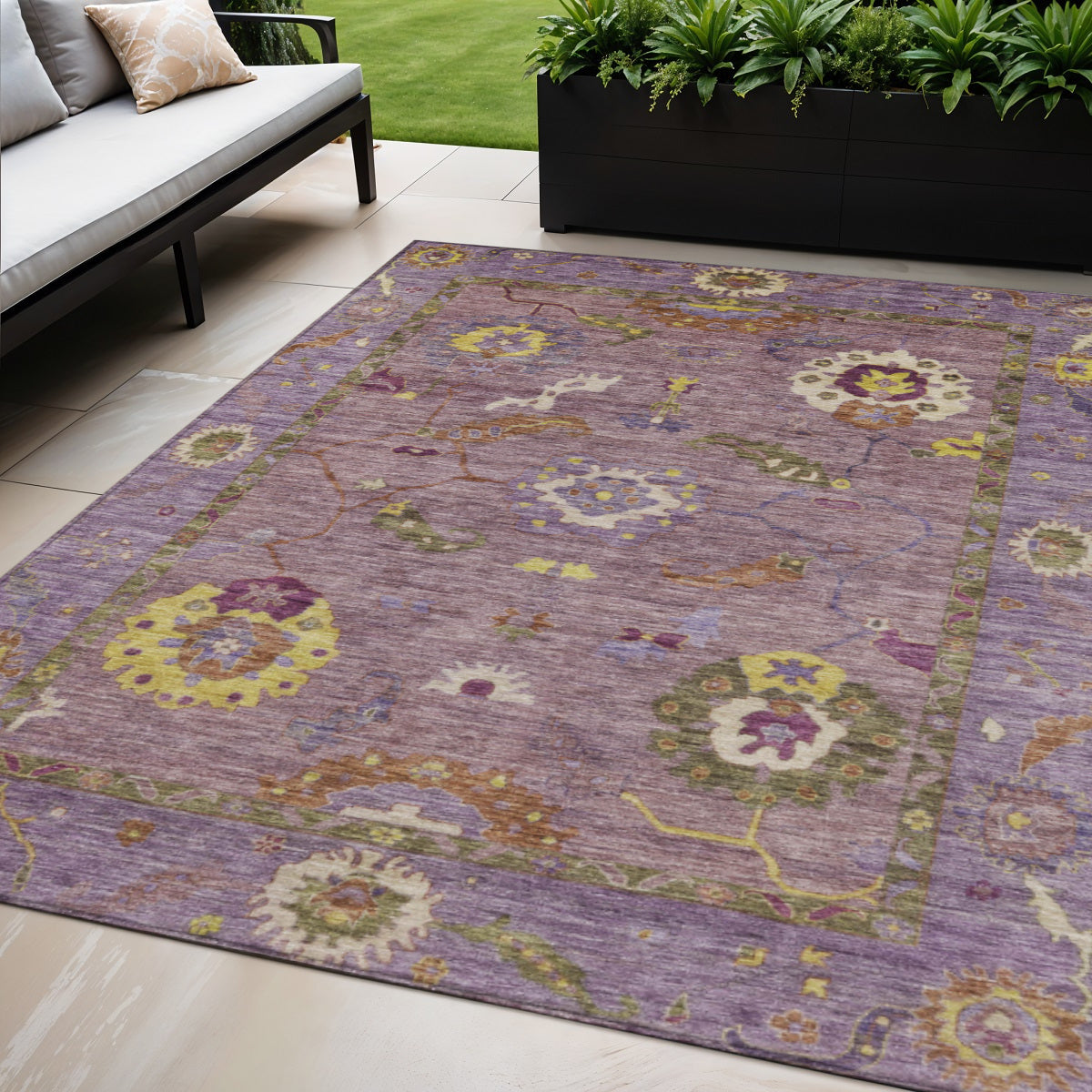 5' X 8' Merlot Plum And Gold Floral Medallion Washable Indoor Outdoor Area Rug - Sports & Outdoor