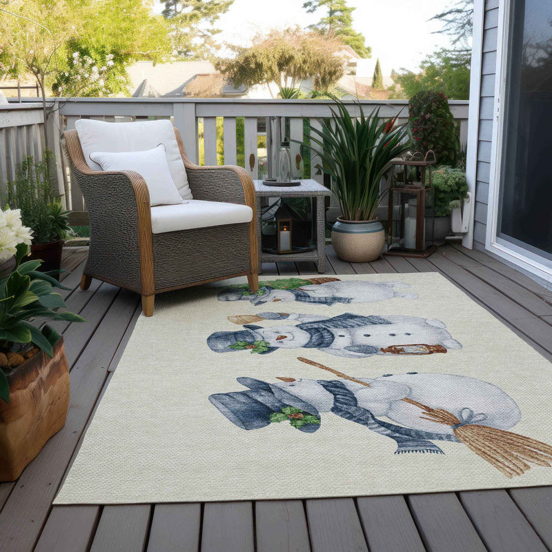 10' X 14' Ivory And Denim Blue Botanical Leaves Washable Indoor Outdoor Area Rug