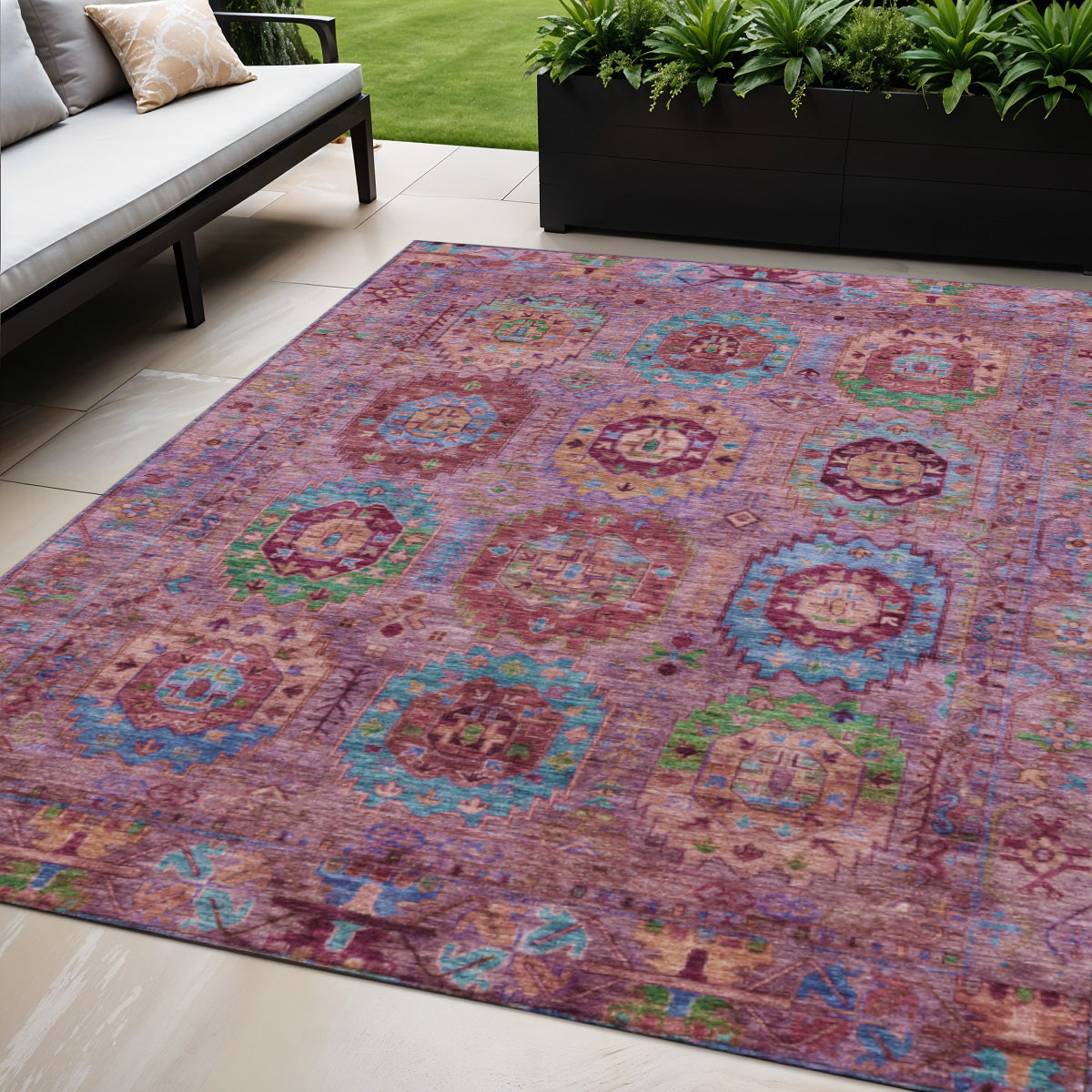 5' X 8' Pink Green And Mauve Medallion Washable Indoor Outdoor Area Rug - Sports & Outdoor