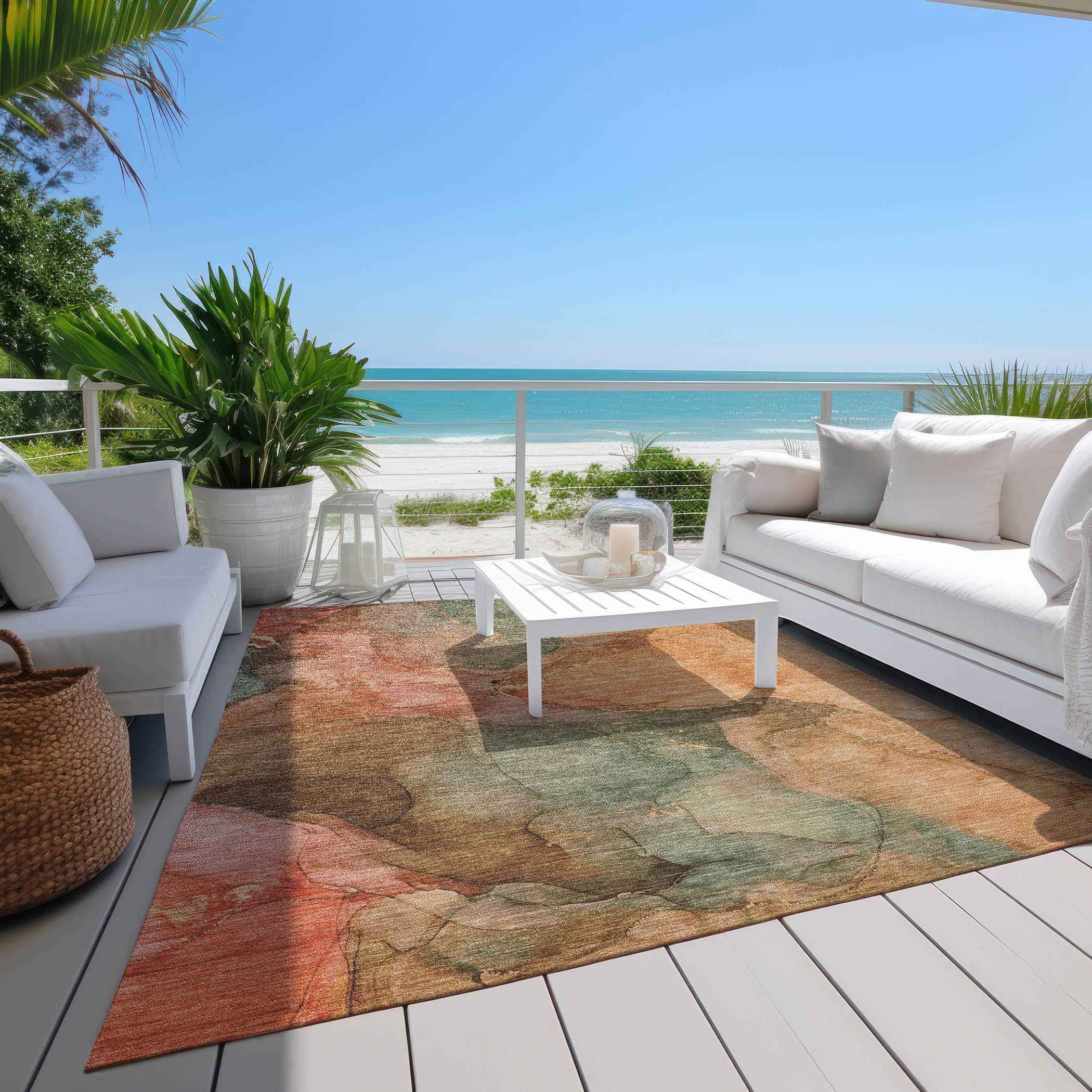 3' X 5' Coral Brown And Mint Green Abstract Washable Indoor Outdoor Area Rug