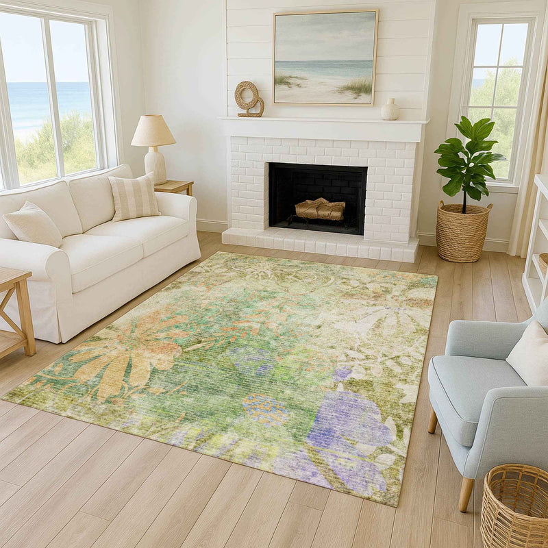 3' X 5' Green And Ivory Floral Washable Indoor Outdoor Area Rug