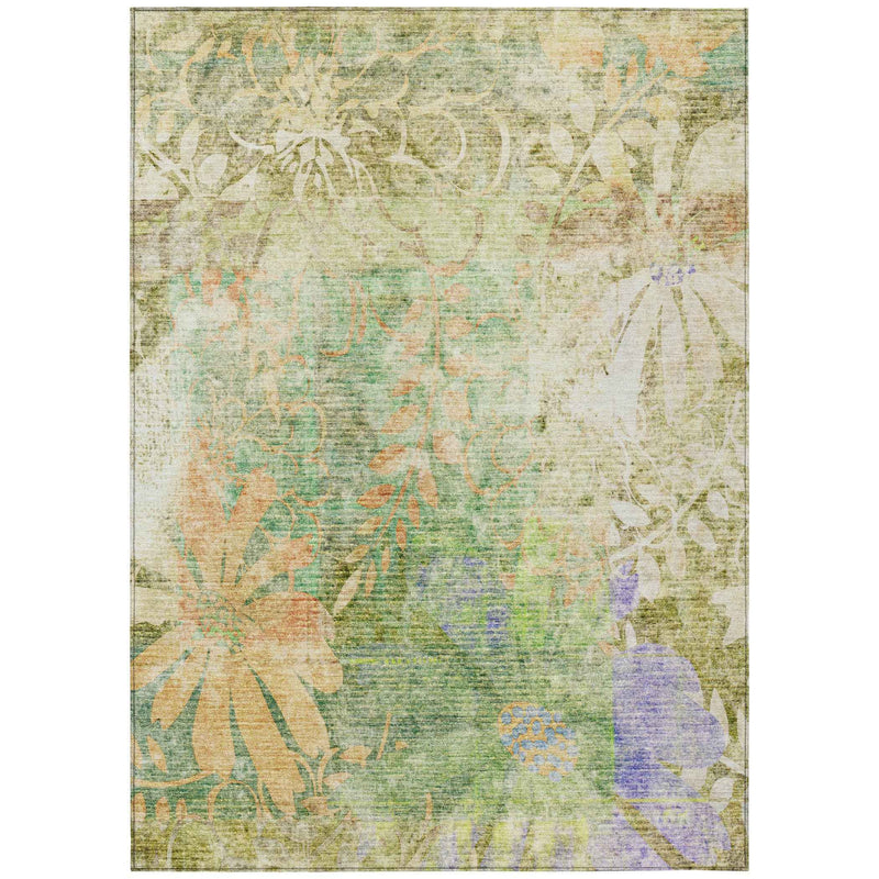3' X 5' Green And Ivory Floral Washable Indoor Outdoor Area Rug