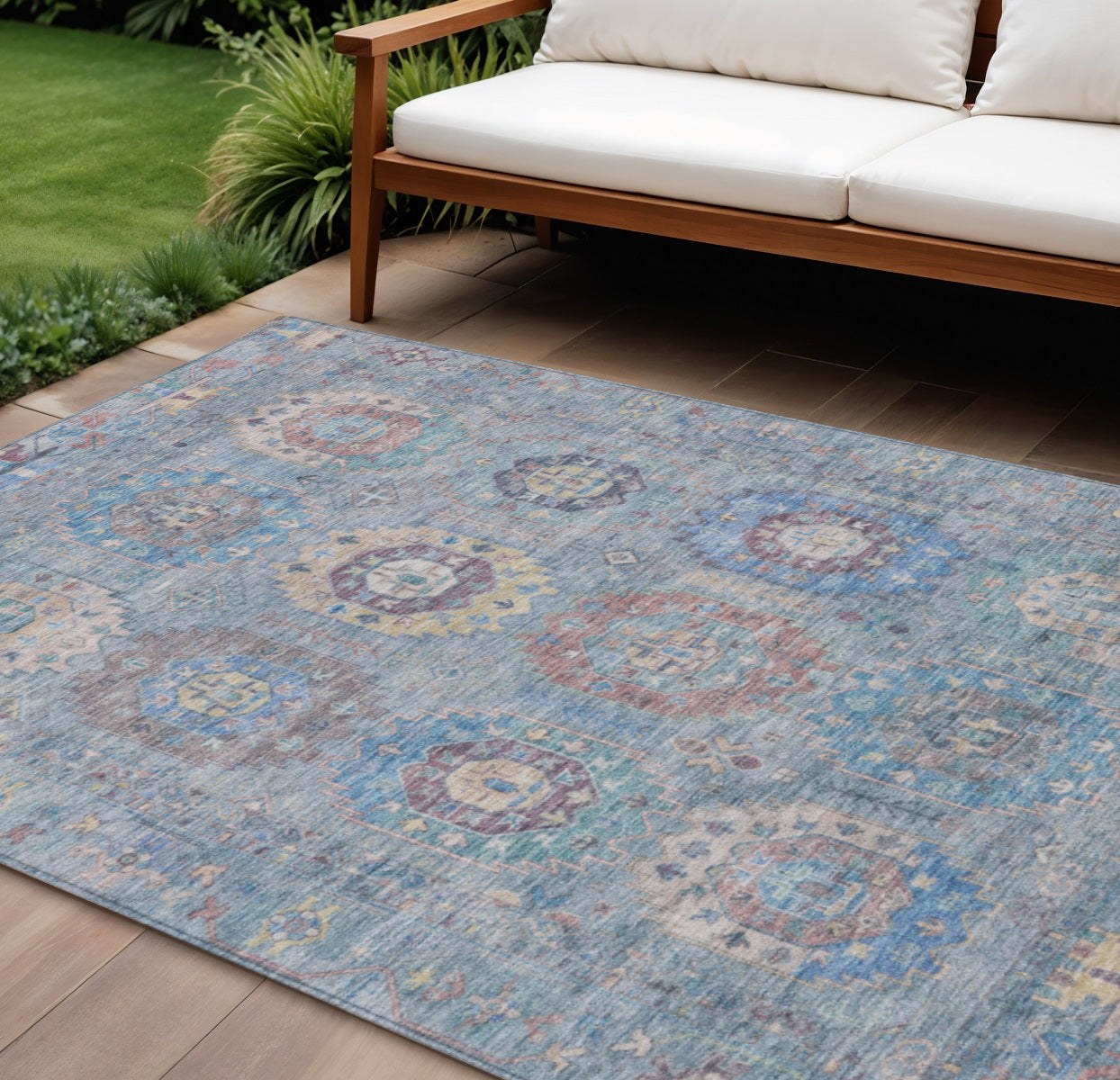 10' X 14' Sky Blue Beige And Blush Medallion Washable Indoor Outdoor Area Rug - Sports & Outdoor