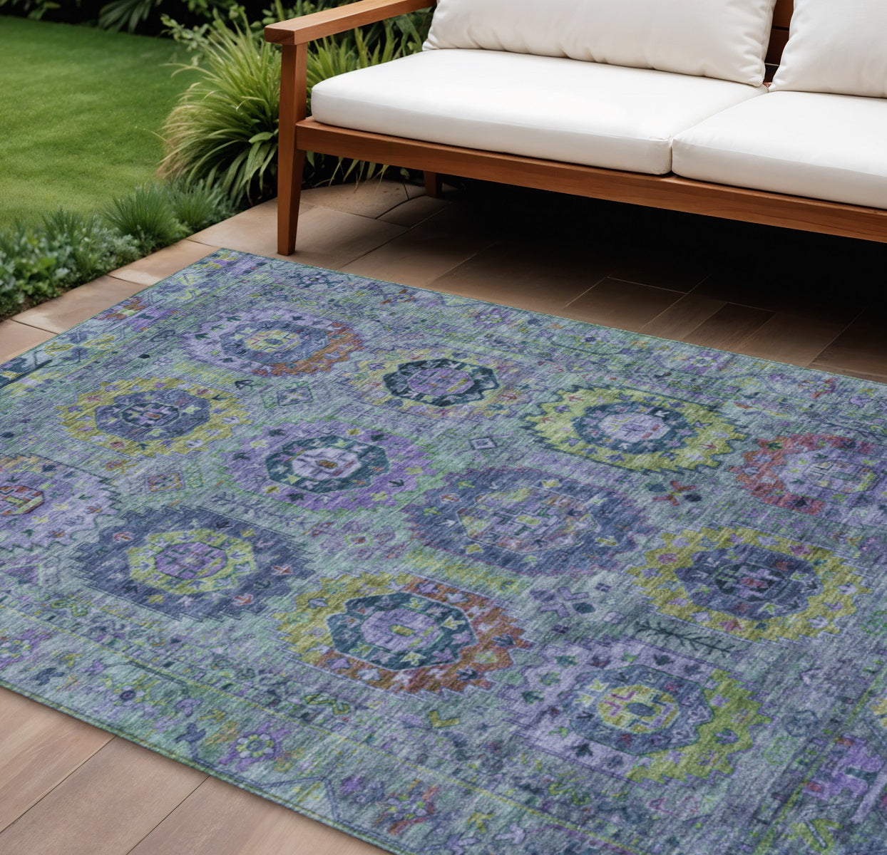 10' X 14' Green Blue And Purple Medallion Washable Indoor Outdoor Area Rug - Sports & Outdoor
