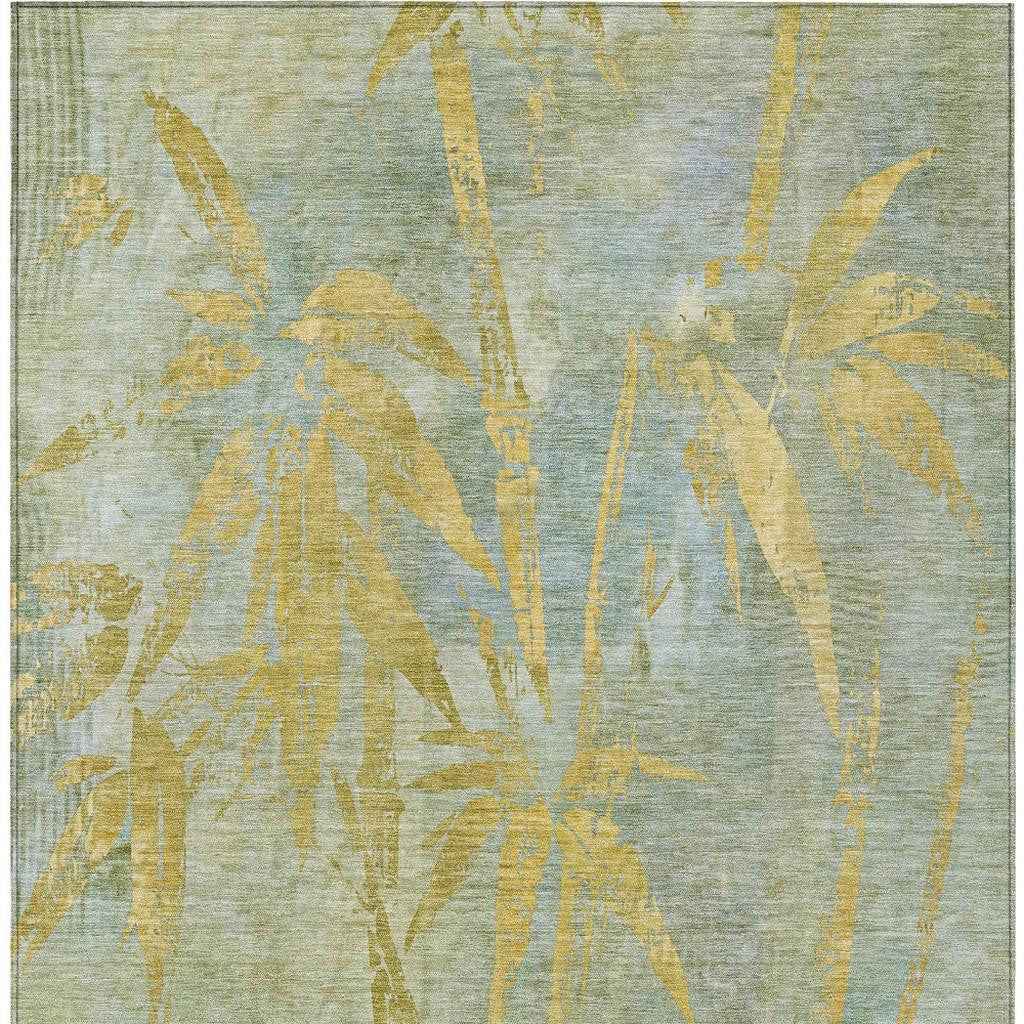 8' X 10' Sage And Gold Botanical Leaves Washable Indoor Outdoor Area Rug