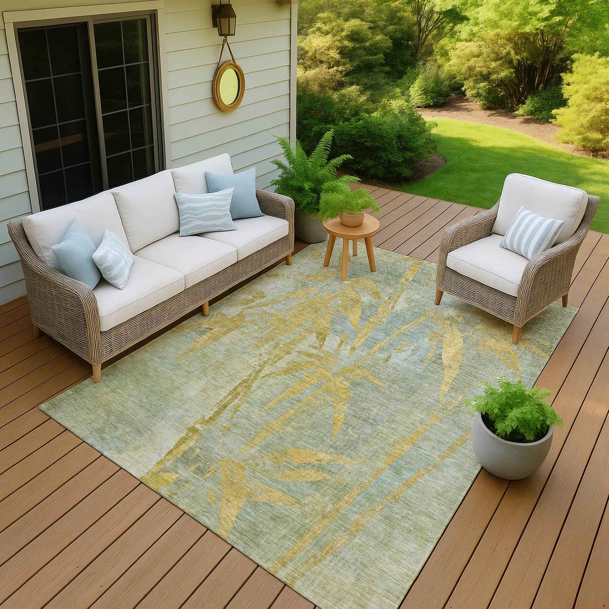 8' X 10' Sage And Gold Botanical Leaves Washable Indoor Outdoor Area Rug