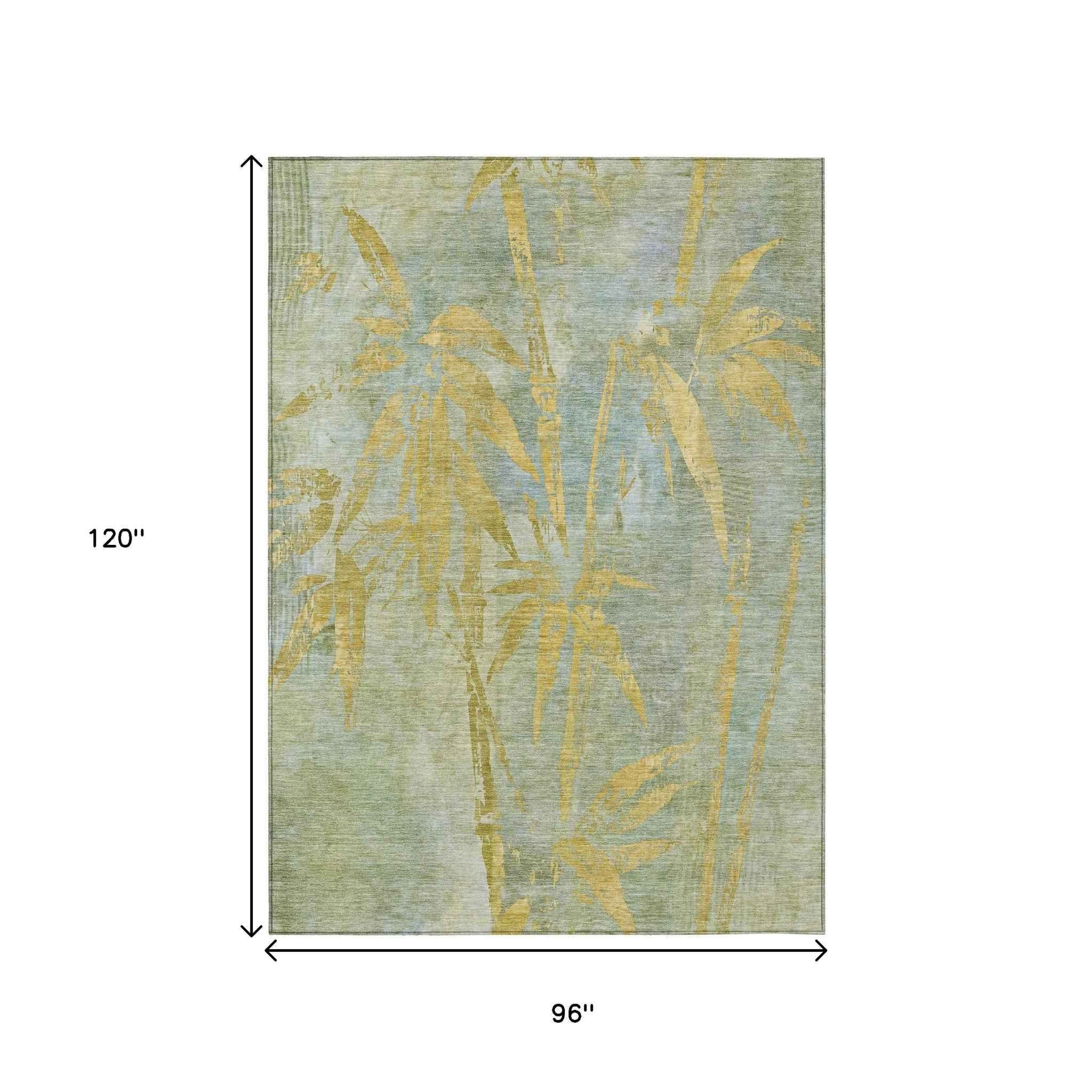 8' X 10' Sage And Gold Botanical Leaves Washable Indoor Outdoor Area Rug