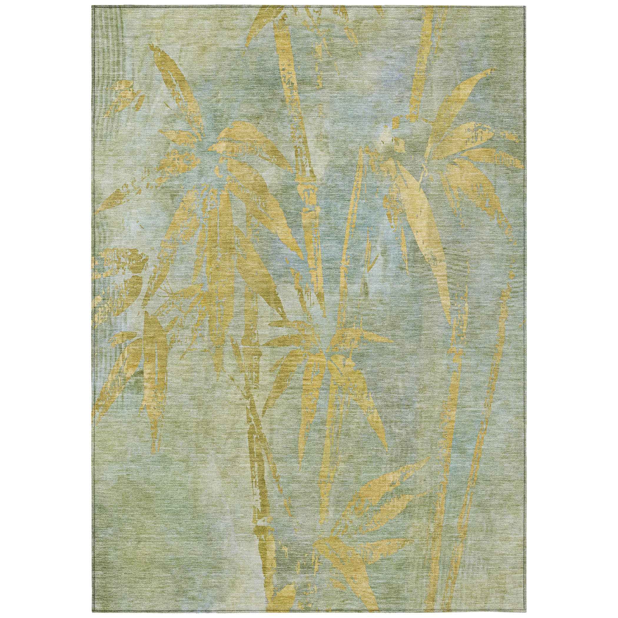 8' X 10' Sage And Gold Botanical Leaves Washable Indoor Outdoor Area Rug