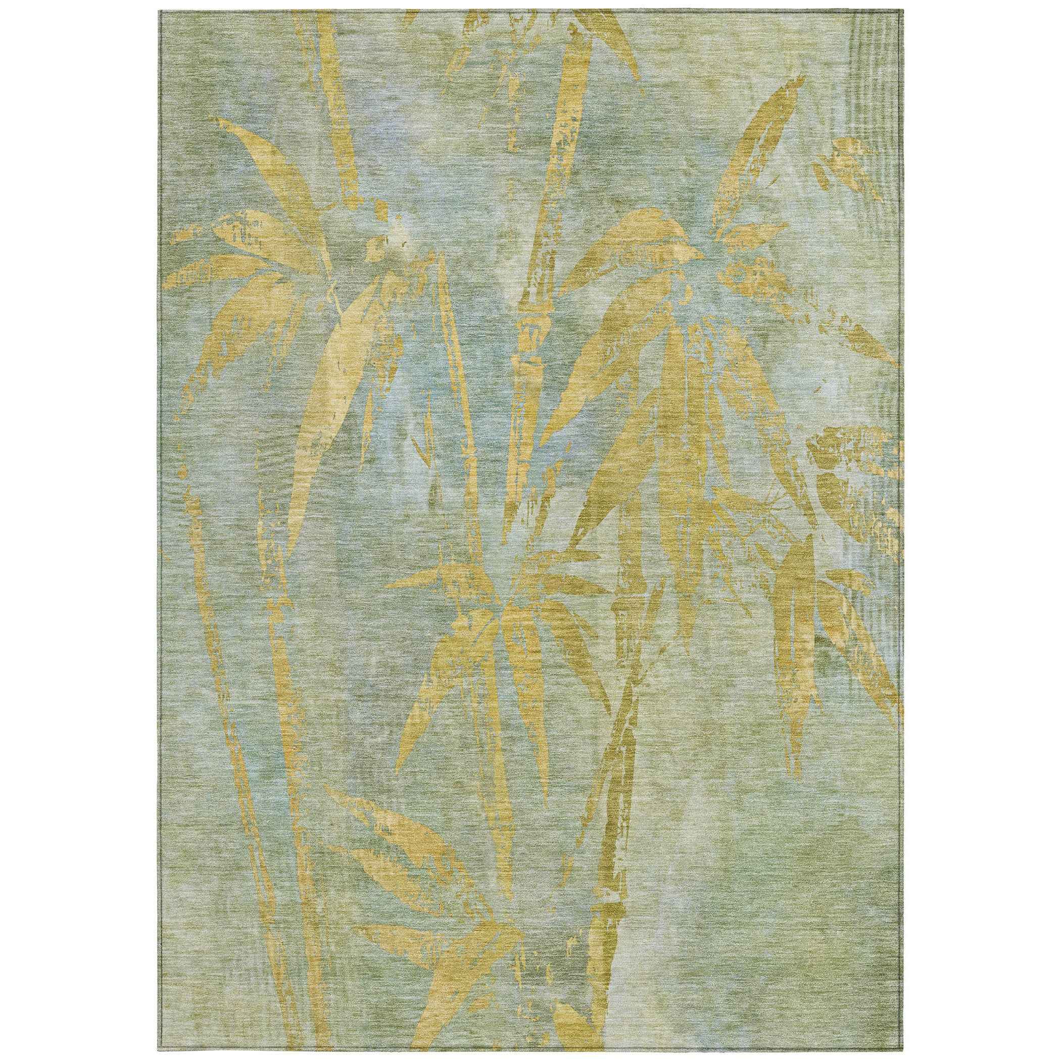 8' X 10' Sage And Gold Botanical Leaves Washable Indoor Outdoor Area Rug
