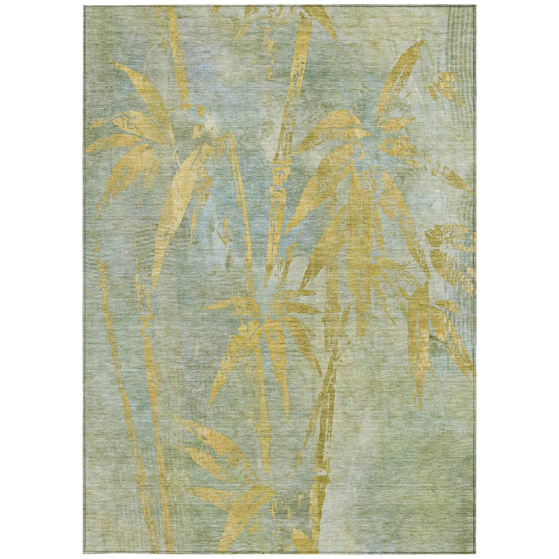 8' X 10' Sage And Gold Botanical Leaves Washable Indoor Outdoor Area Rug