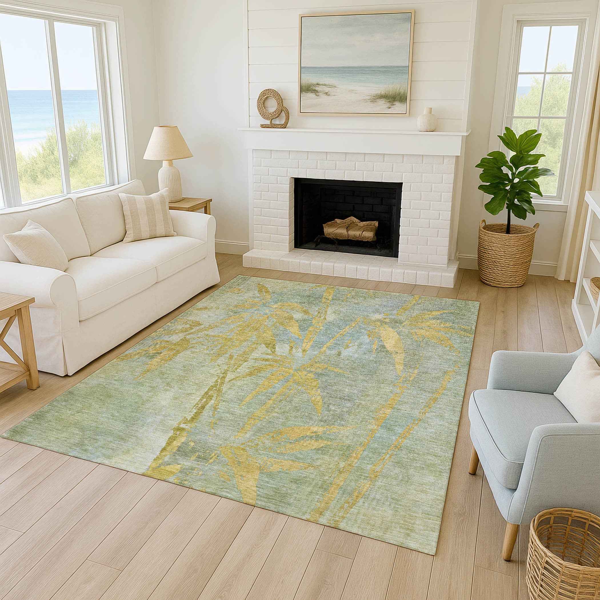 8' X 10' Sage And Gold Botanical Leaves Washable Indoor Outdoor Area Rug