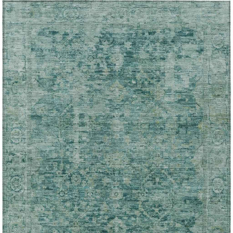 10' X 14' Teal Blue And Olive Green Abstract Washable Indoor Outdoor Area Rug