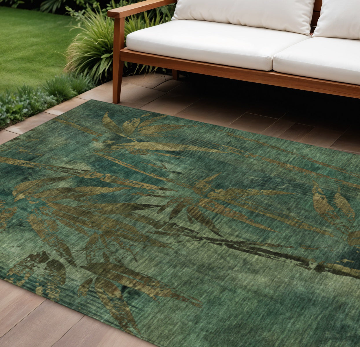 10' X 14' Green And Brown Botanical Leaves Washable Indoor Outdoor Area Rug - Sports & Outdoor