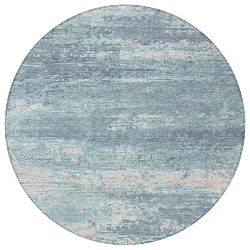 8' Teal Blue And Ivory Round Abstract Washable Indoor Outdoor Area Rug