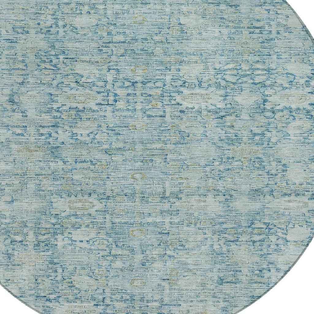 8' Blue And Ivory Round Oriental Washable Indoor Outdoor Area Rug