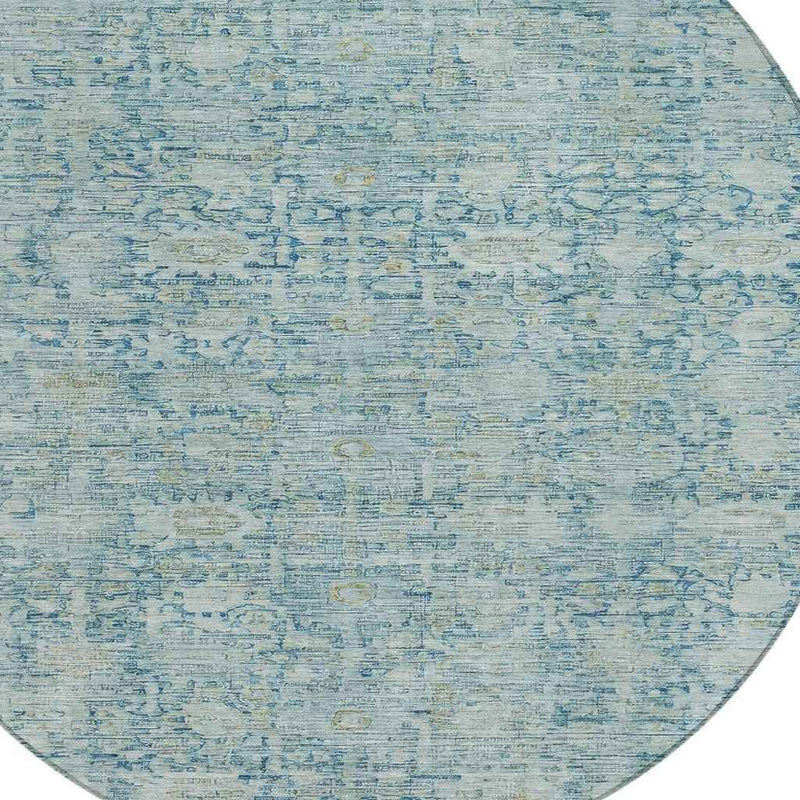 8' Blue And Ivory Round Oriental Washable Indoor Outdoor Area Rug