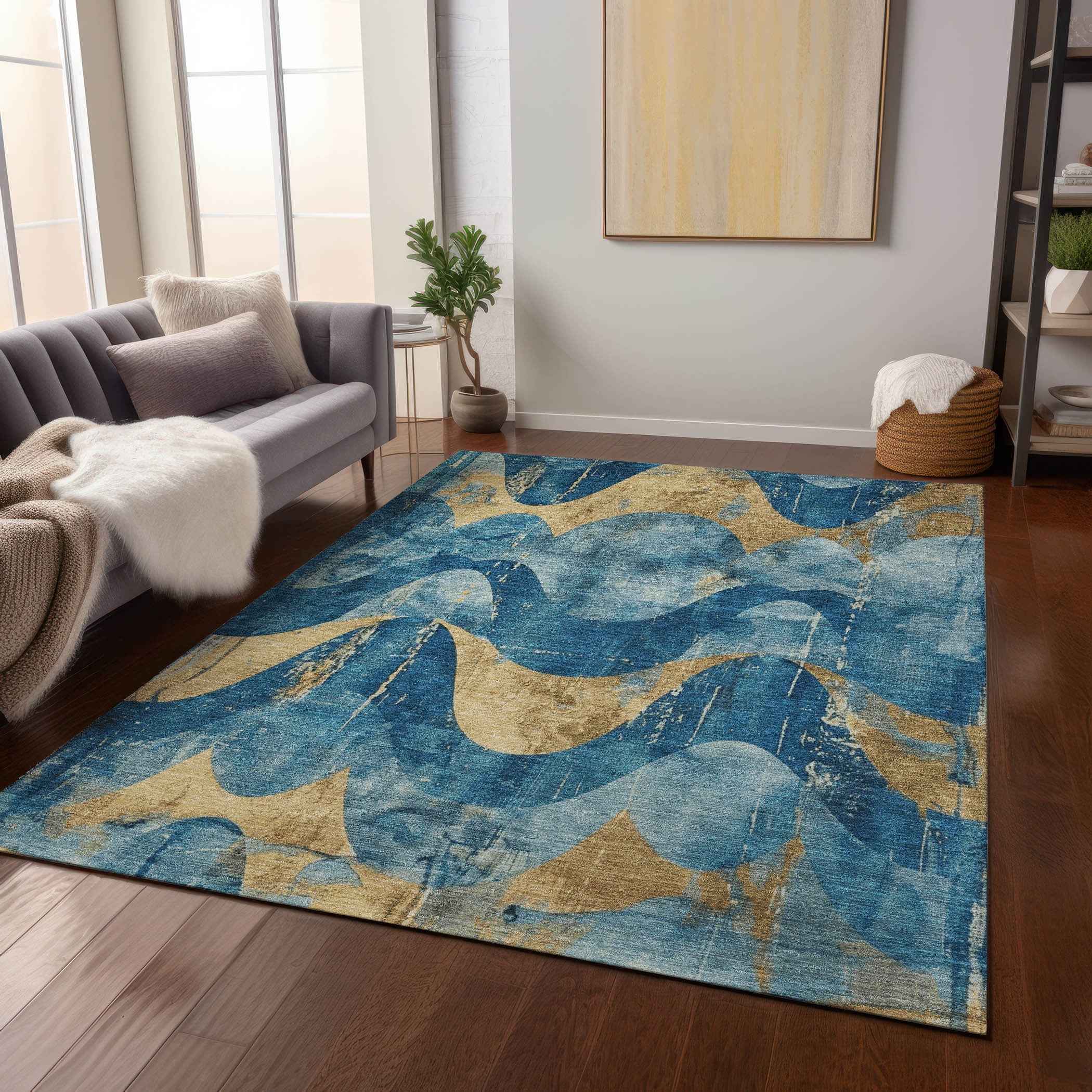 5' X 8' Teal Blue And Gold Abstract Washable Indoor Outdoor Area Rug