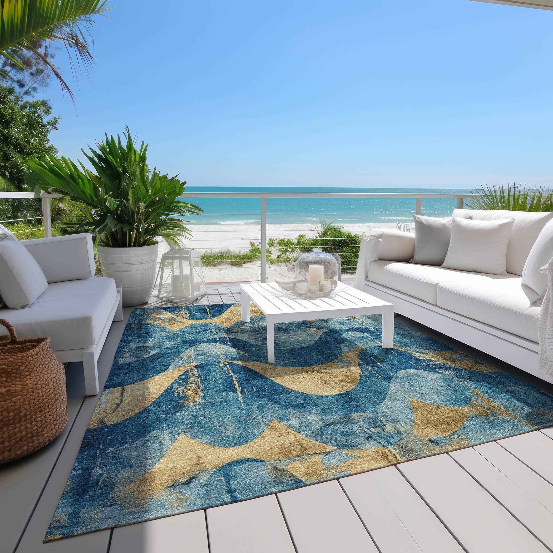 5' X 8' Teal Blue And Gold Abstract Washable Indoor Outdoor Area Rug