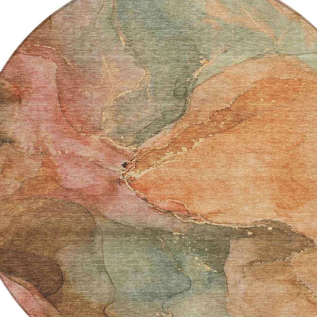 8' Coral Brown And Mint Green Round Abstract Washable Indoor Outdoor Area Rug
