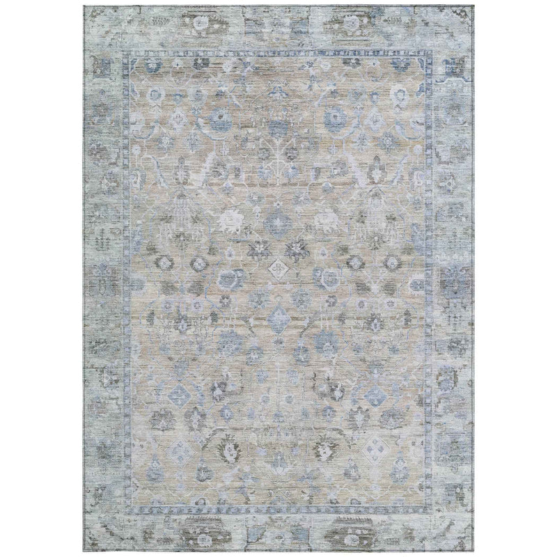 10' X 14' Beige Blue And Ivory Oriental Washable Indoor Outdoor Area Rug