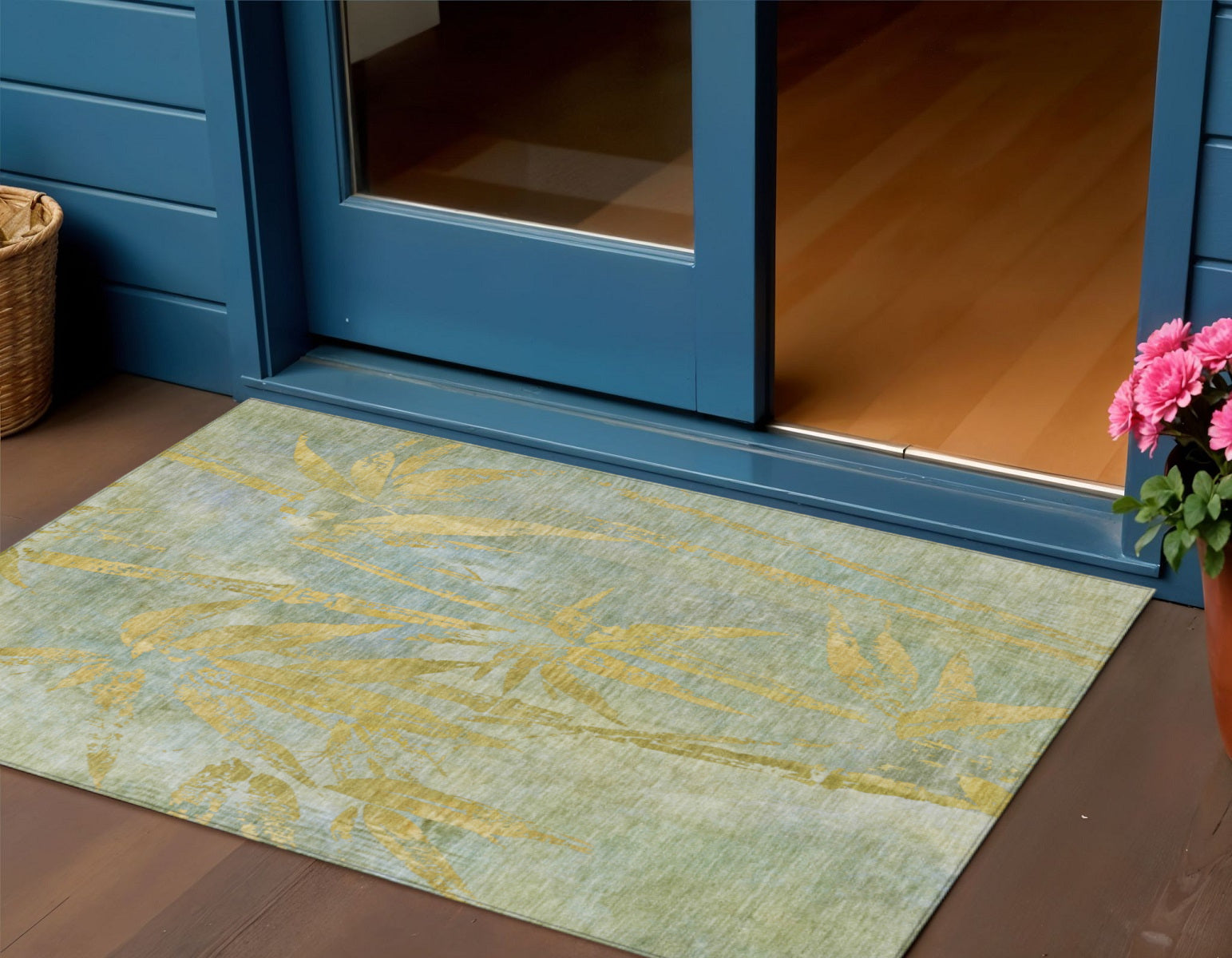 3' X 5' Sage And Gold Botanical Leaves Washable Indoor Outdoor Area Rug - Sports & Outdoor