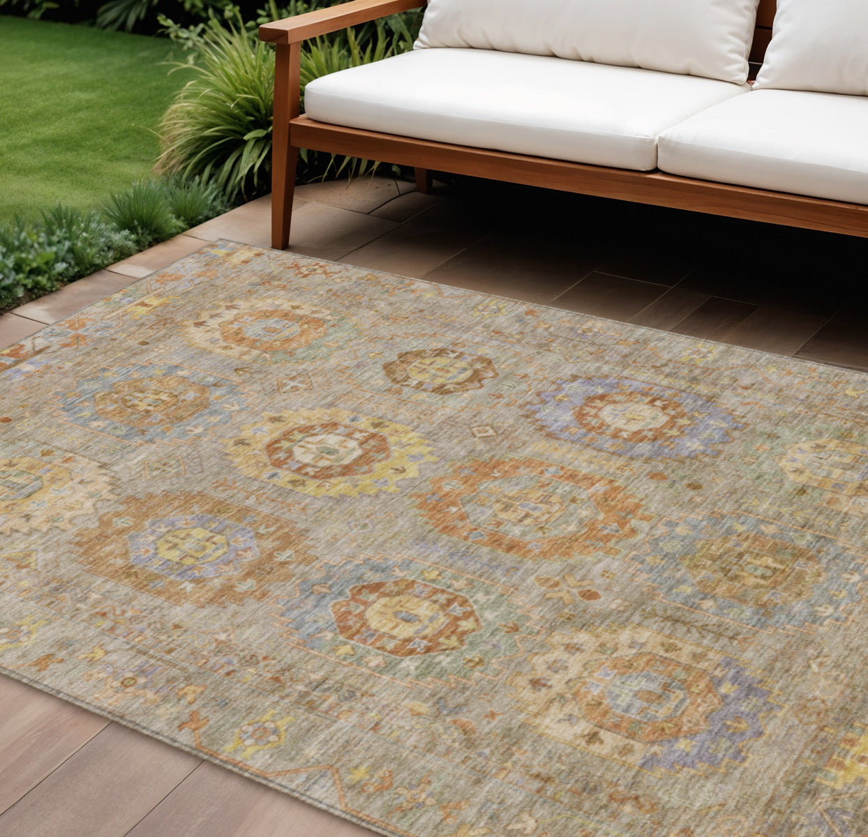 10' X 14' Taupe Gold And Lavender Medallion Washable Indoor Outdoor Area Rug - Sports & Outdoor