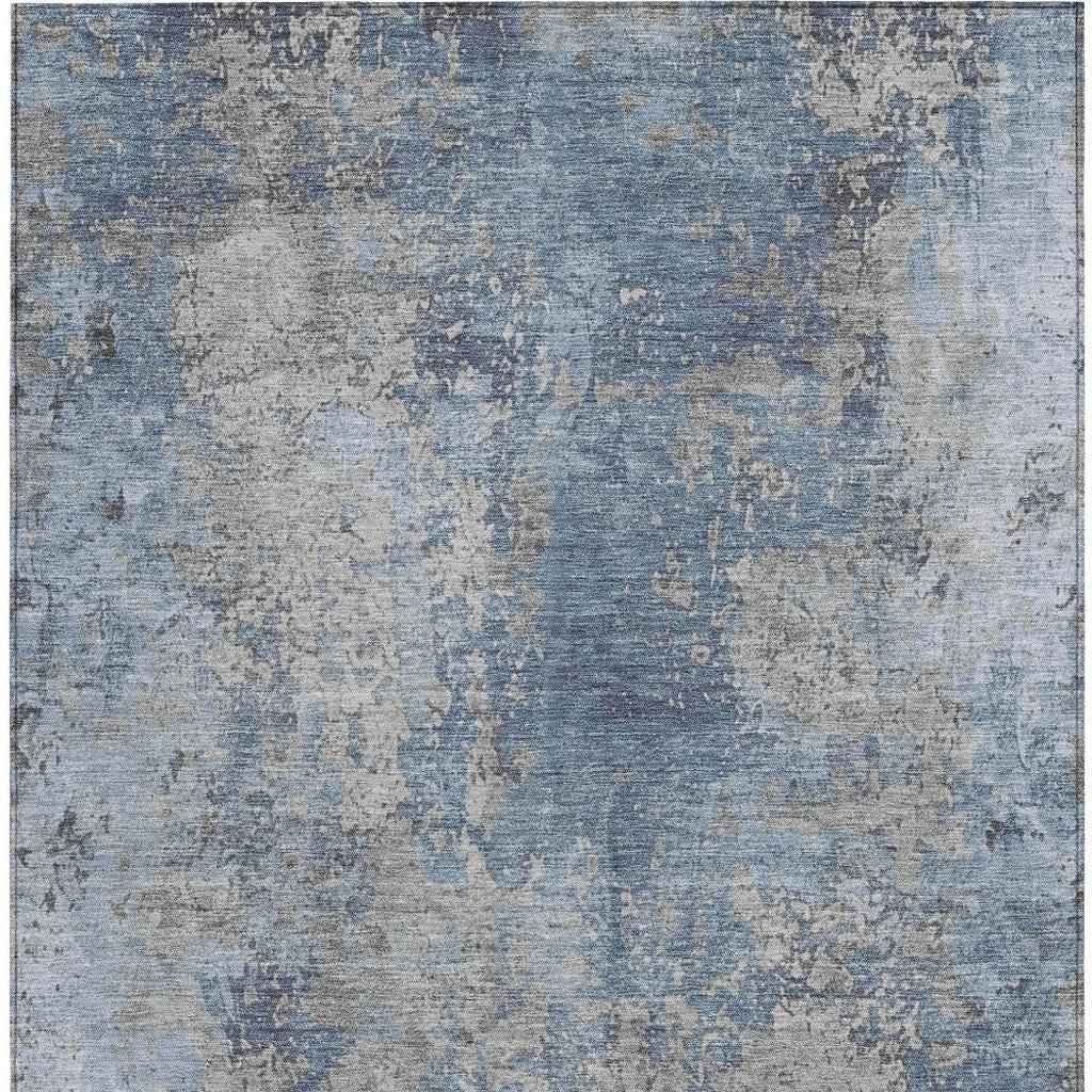 9' X 12' Denim Blue And Silver Abstract Washable Indoor Outdoor Area Rug