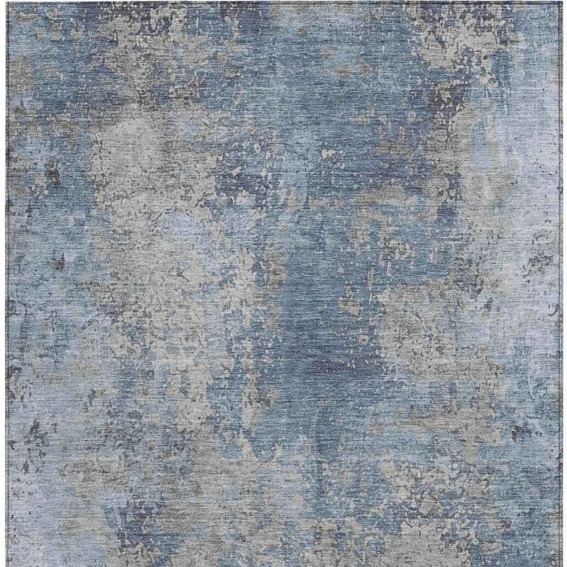 9' X 12' Denim Blue And Silver Abstract Washable Indoor Outdoor Area Rug