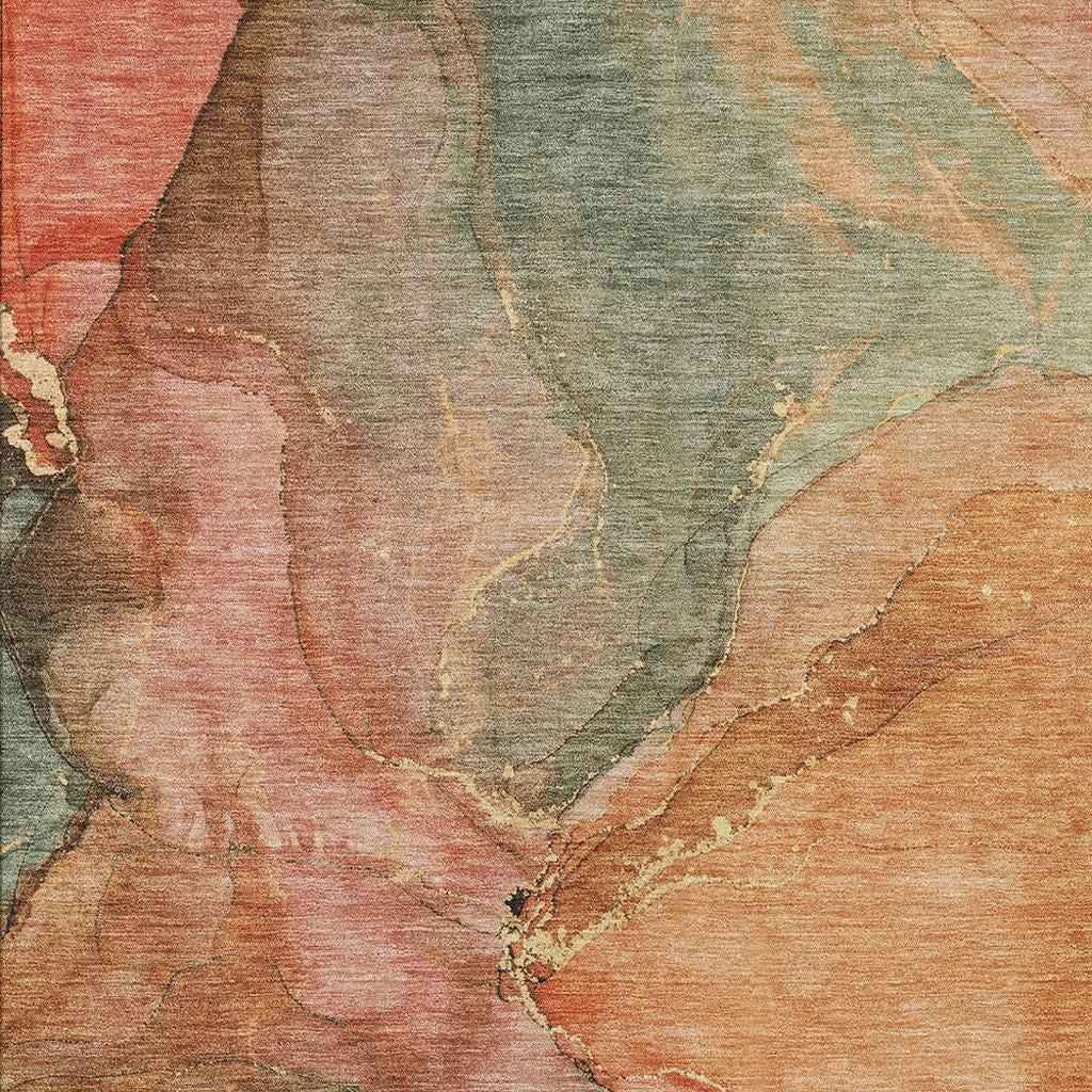 5' X 8' Coral Brown And Mint Green Abstract Washable Indoor Outdoor Area Rug