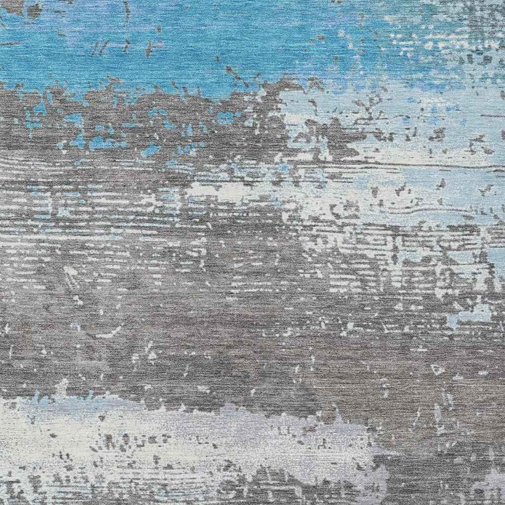 9' X 12' Teal Blue Gray And Silver Abstract Washable Indoor Outdoor Area Rug