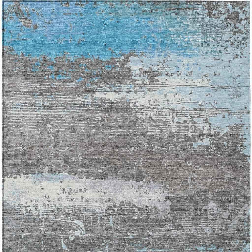 9' X 12' Teal Blue Gray And Silver Abstract Washable Indoor Outdoor Area Rug