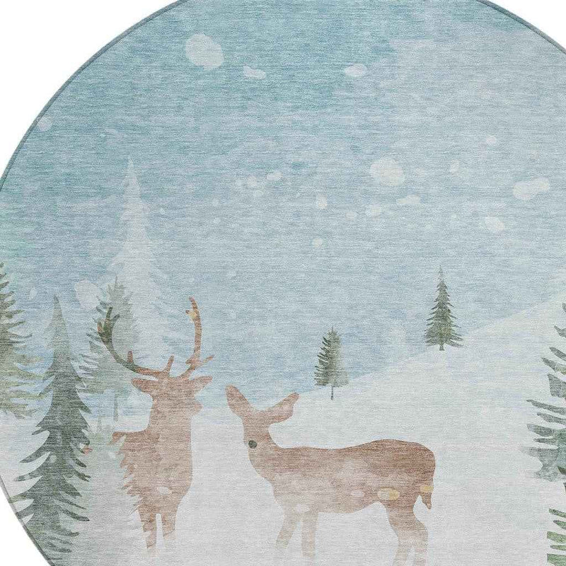 8' Sky Blue Sage Ivory And Khaki Round Animal Print Washable Indoor Outdoor Area Rug