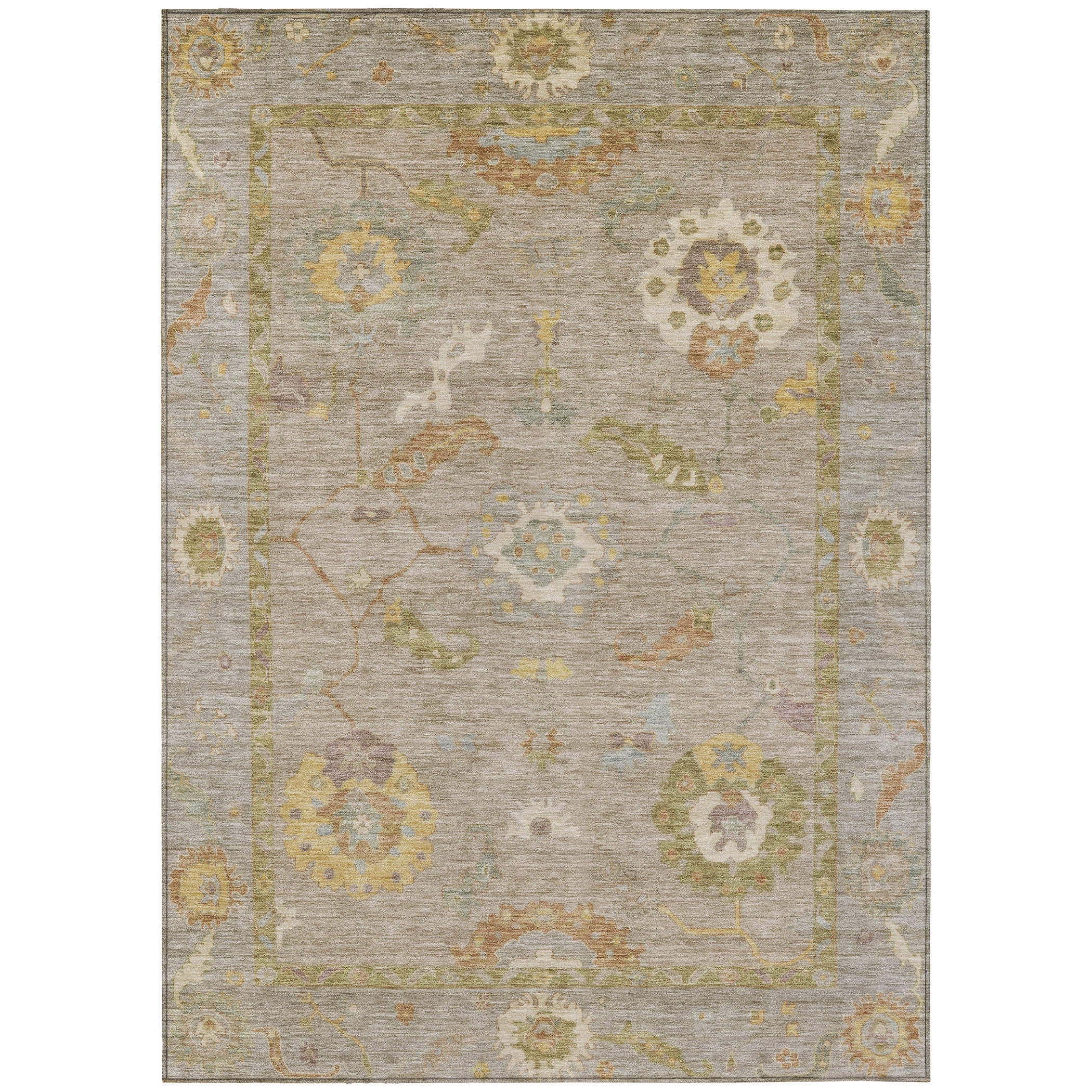 5' X 8' Khaki And Gold Floral Medallion Washable Indoor Outdoor Area Rug - Sports & Outdoor
