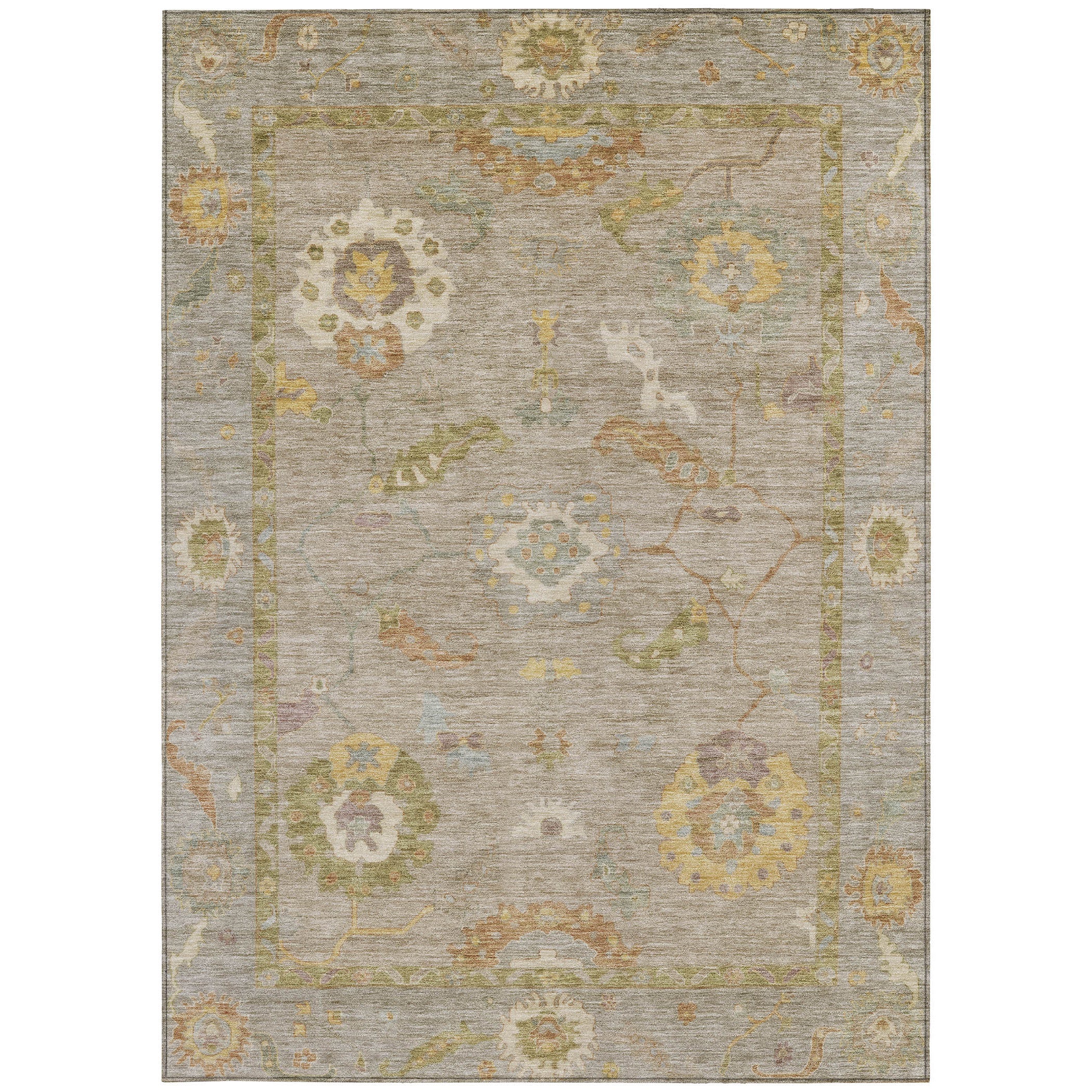 5' X 8' Khaki And Gold Floral Medallion Washable Indoor Outdoor Area Rug - Sports & Outdoor