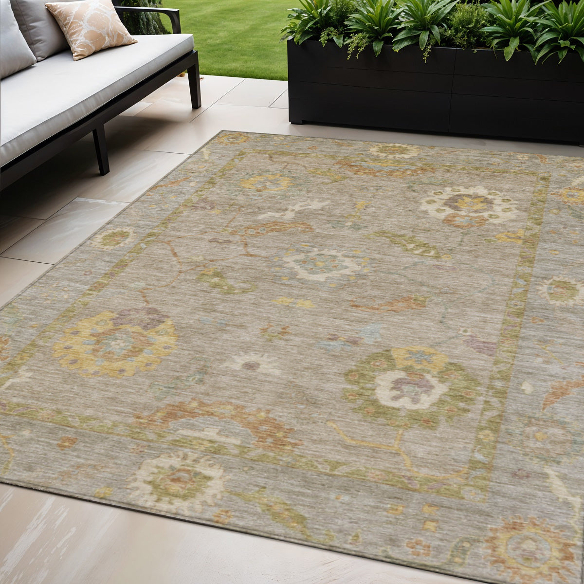 5' X 8' Khaki And Gold Floral Medallion Washable Indoor Outdoor Area Rug - Sports & Outdoor