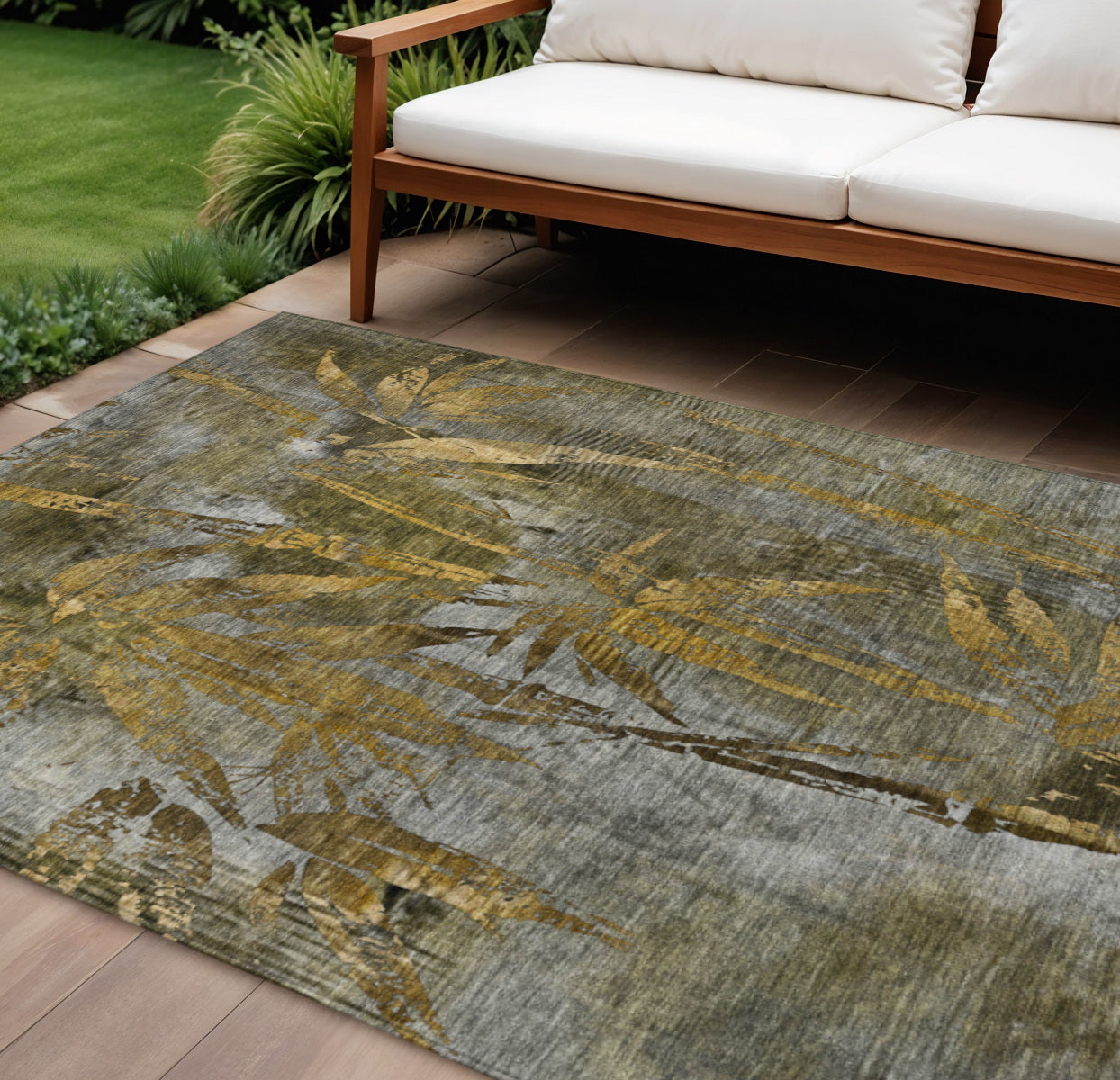 10' X 14' Pewter And Gold Botanical Leaves Washable Indoor Outdoor Area Rug - Sports & Outdoor
