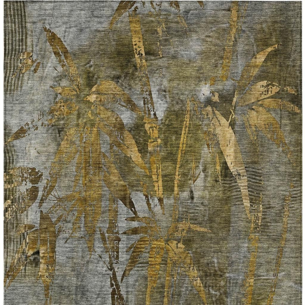 10' X 14' Pewter And Gold Botanical Leaves Washable Indoor Outdoor Area Rug - Sports & Outdoor
