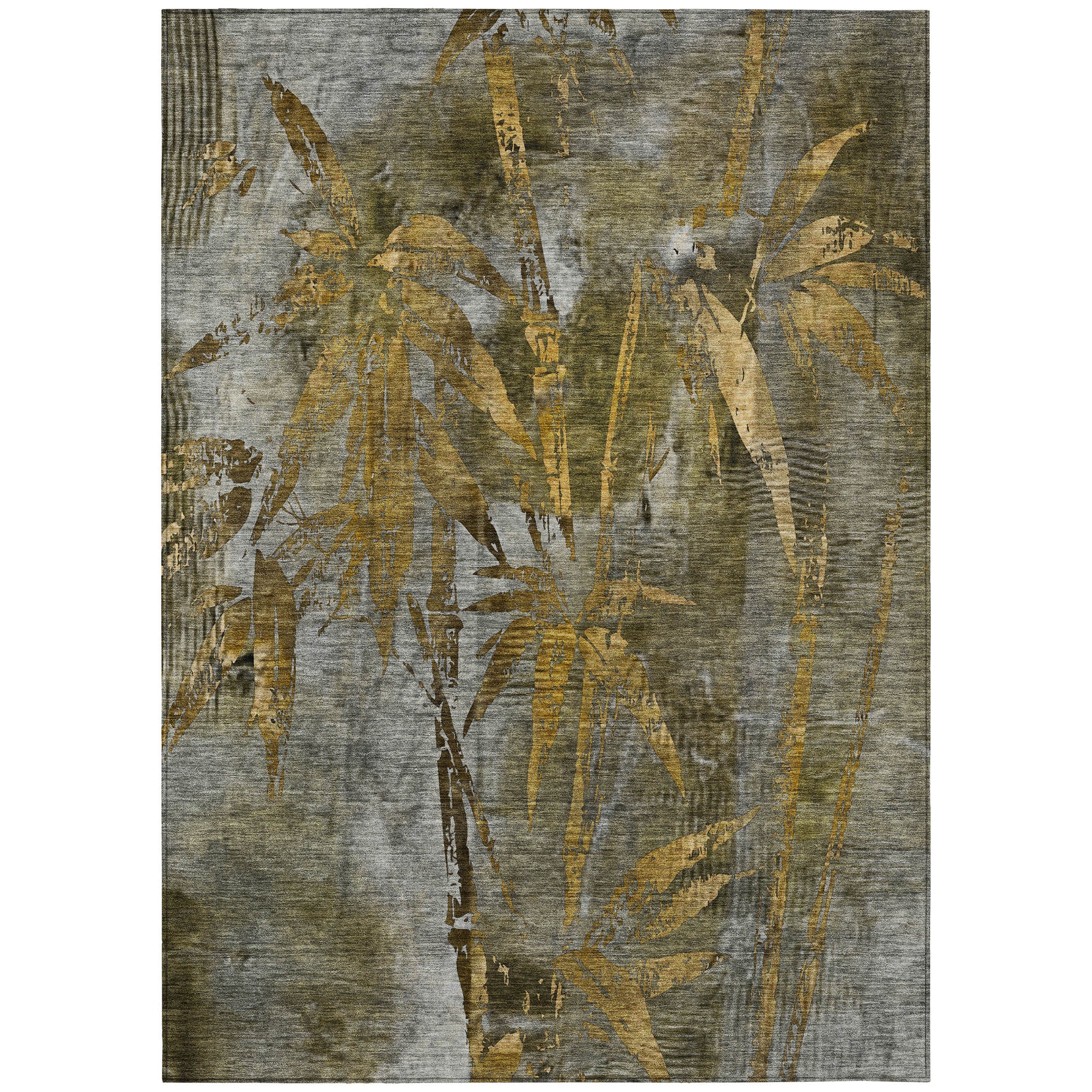 10' X 14' Pewter And Gold Botanical Leaves Washable Indoor Outdoor Area Rug - Sports & Outdoor