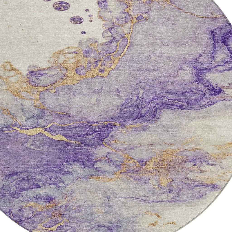 8' Purple And Gold Round Abstract Washable Indoor Outdoor Area Rug