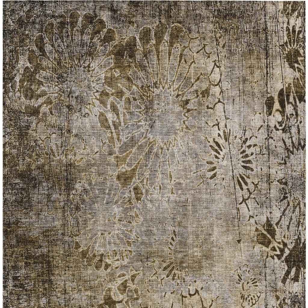 3' X 5' Brown And Beige Floral Washable Indoor Outdoor Area Rug