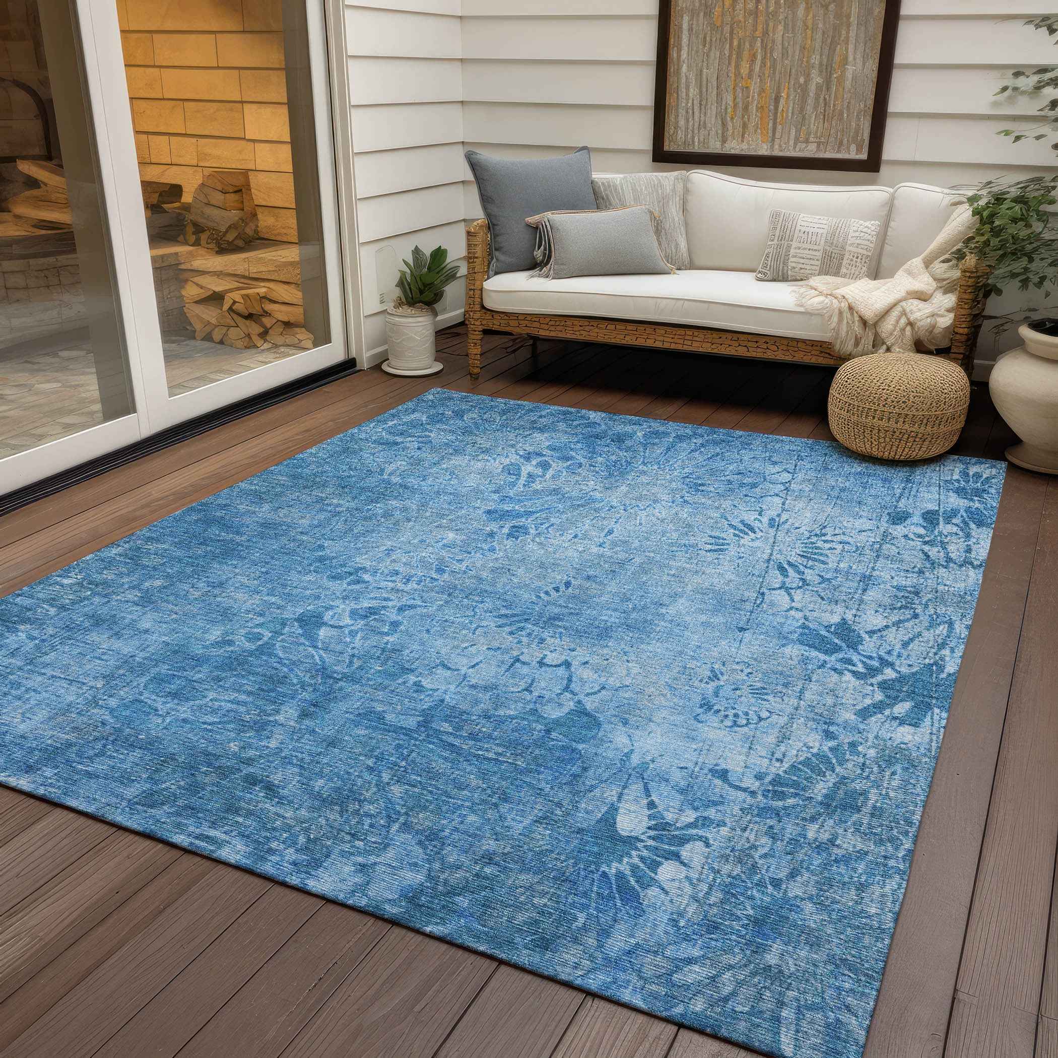 3' X 5' Denim Blue And Sky Blue Floral Washable Indoor Outdoor Area Rug