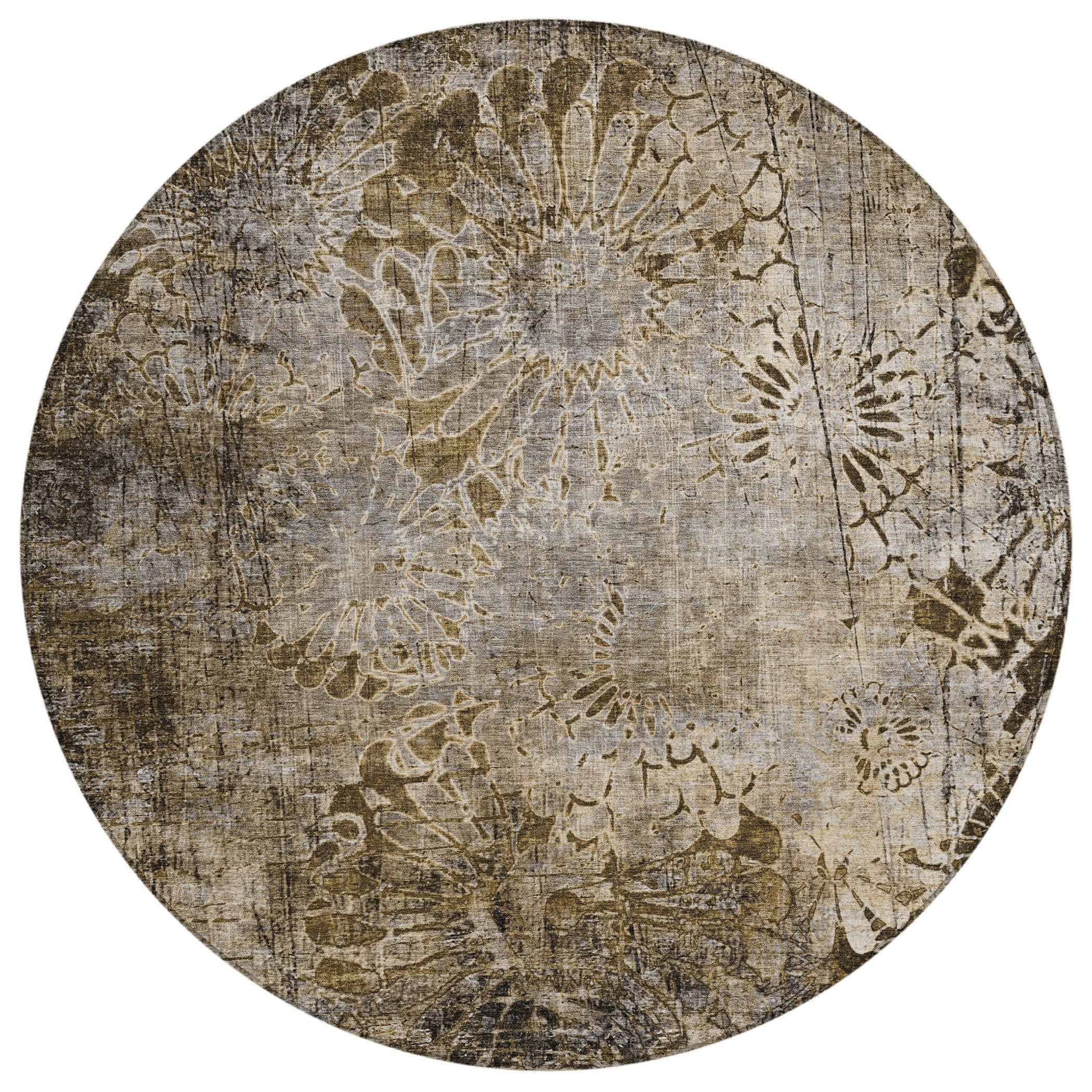 8' Brown And Beige Round Floral Washable Indoor Outdoor Area Rug
