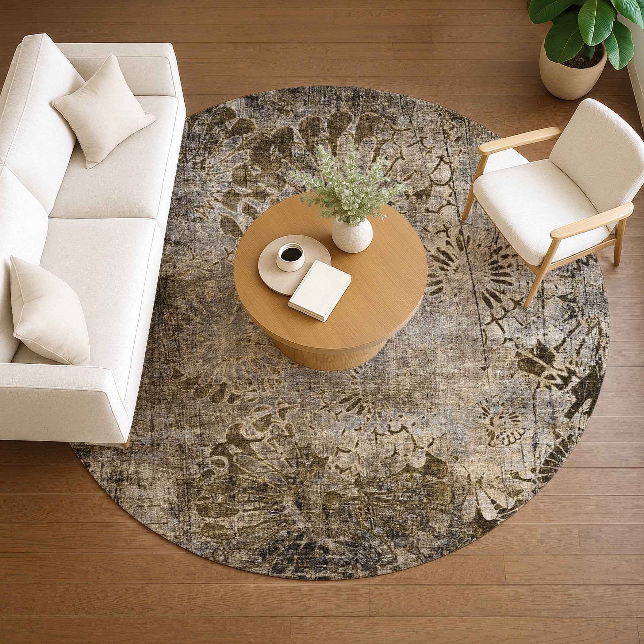 8' Brown And Beige Round Floral Washable Indoor Outdoor Area Rug